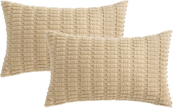 MIULEE Lumbar Corduroy Decorative Throw Pillow Covers 12x20 Tan Pack of 2 | Soft Neutral Boho Striped Pillow Covers Modern Farmhouse Home Decor For Sofa Living Room Couch Bed