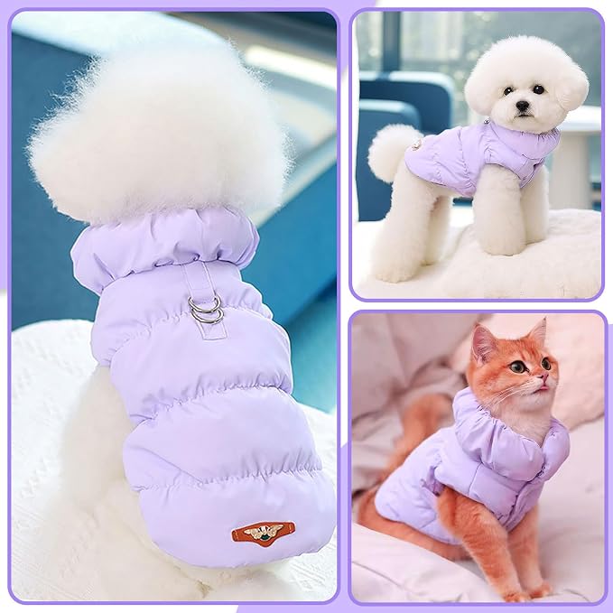 ABRRLO Winter Warm Dog Jacket for Small Medium Dogs Cat Cold Weather Coats with Harness Paded Dogs Fleece Vest Waterproof Windproof Dog Snow Jacket Pet Puppy Clothes (Purple,XS)