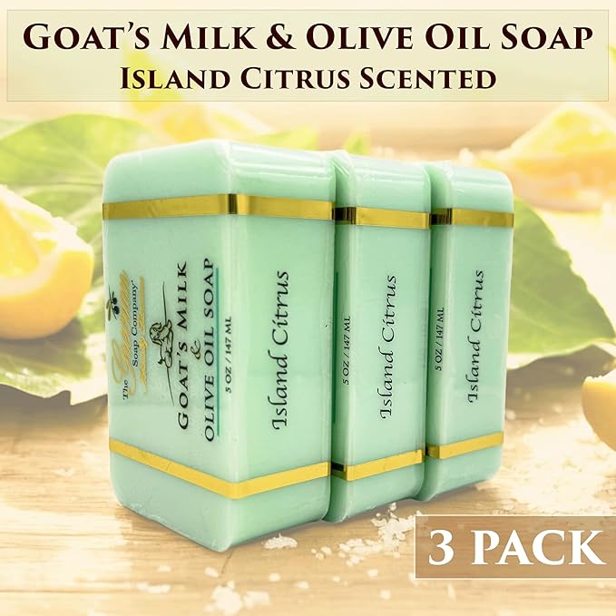 The Grecian Soap Company Goat Milk & Olive Oil Soap Bar 3-Pack – Island Citrus Scent, Natural Bar Soap for Dry & Sensitive Skin, Moisturizing & Nourishing Body Soap Bars, Made in USA, Goat Milk Soap