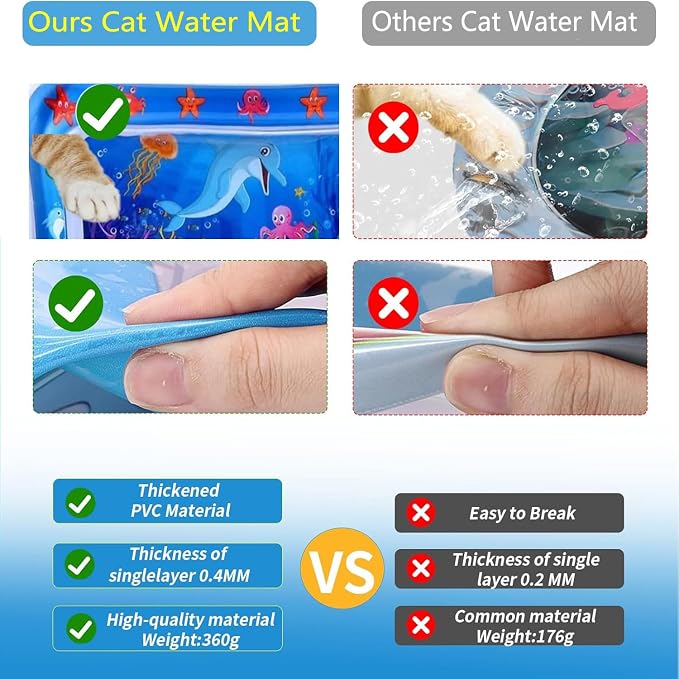 2 Pieces Upgraded Thickened Cat Water Mat,Interactive Cat Toy for Indoor Cats to Exercise, Hunting,Swatting, Anti-Scratch Leak Proof Foldable Water Sensory Play Mat with Fish for Pet Play