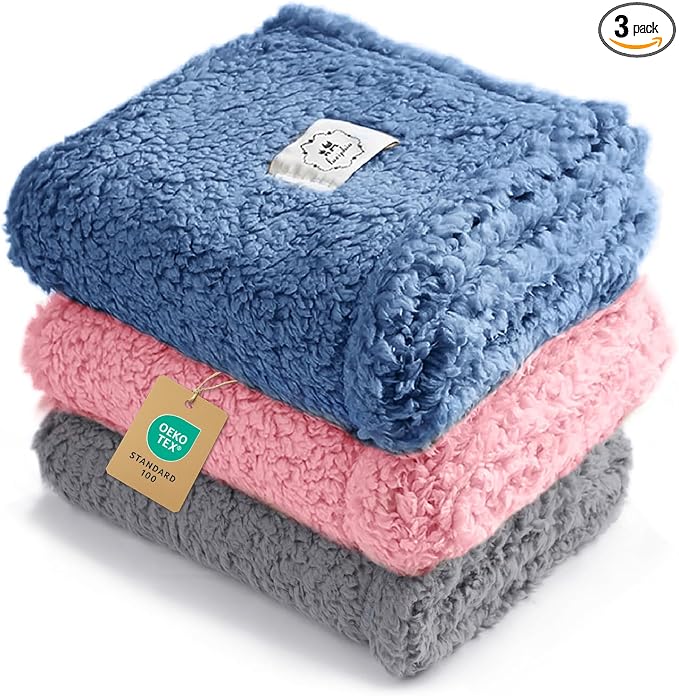 Luciphia 3 Pack Soft Sherpa Fleece Blankets for Dogs Cats Puppies,41"x31" | Fluffy Throw Blanket Washeble for Crate Bed Couch Indoor. Cozy Pet Blanket, Puppy Essentials Dog gift,Blue/Pink/Grey,Large