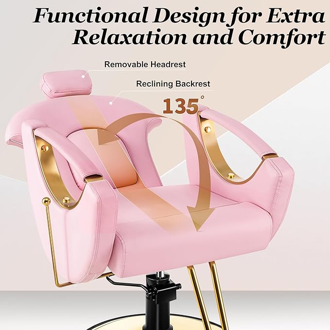 Baasha Ergonomic Reclining Salon Chair with Adjustable & Removable Headrest, Gold & Pink Hydraulic Styling Chair, Soft PU Leather, 135° Recline, 360° Swivel, Heavy-Duty Steel Frame, 330 lbs Capacity