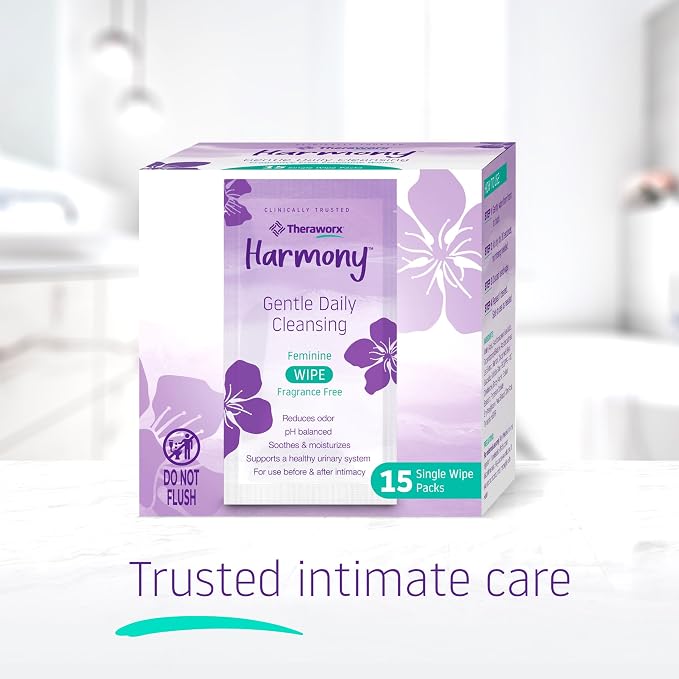 Theraworx Harmony Gentle Daily Cleansing Feminine Wipes Fragrance Free, Reduces Odor, Individually Wrapped, Travel Size – 15 Count (Pack of 4)