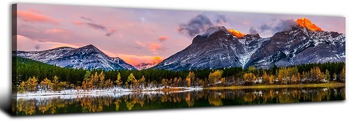 Sunset Landscape Canvas Wall Art for Living Room Wall Decor Snow Mountain Forest River Nature National Park Scenery Picture Prints Framed Artwork for Bedroom Bathroom Office Home Decoration 14x48"