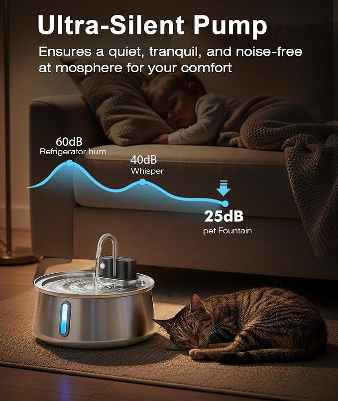 CEESC Cordless Cat Water Fountain, Stainless Steel, 4L/135oz for Cats/Dogs | Motion sensor, Long-Lasting 4000mAh, automatic pet water dispenser, 4-stage filtration, ultra-quiet pump, indoor