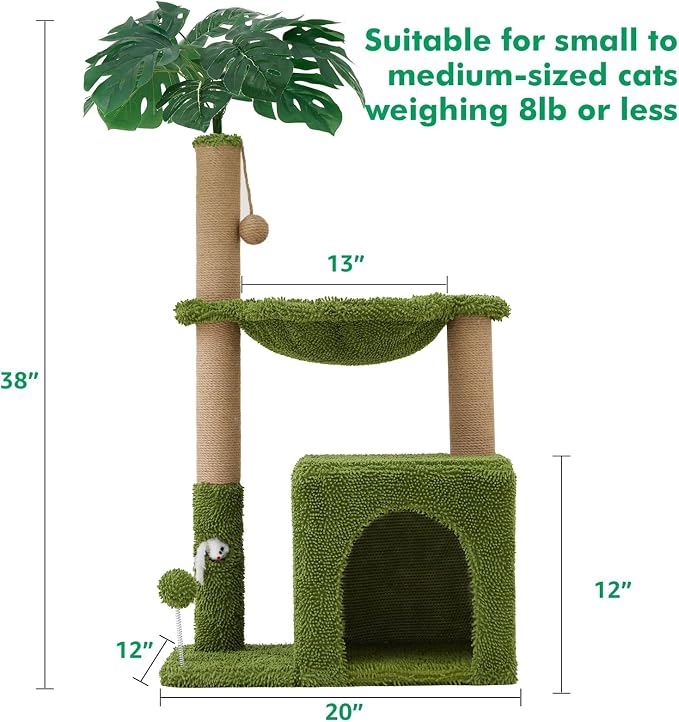 37" Small Cat Tree with Scratching Posts，Green Cat Scratcher Tower | Sisal Cat Scratcher,Cozy Hammock,Cat Condo,Interactive Cat Toys for Kittens