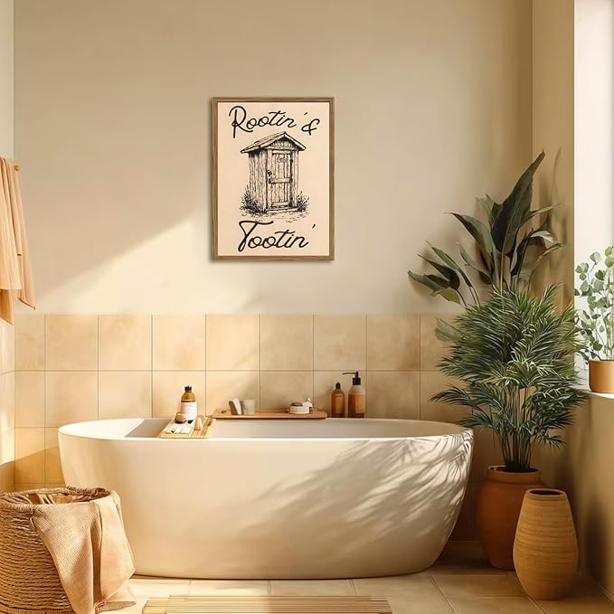 Cute Western Bathroom Wall Art Vintage Southwest Rustic Restroom Wall Decor Painting, Western Cowboy Ranch Toilet Rootin Tootin Poster Canvas Print Picture 16x24 inch Wood Framed