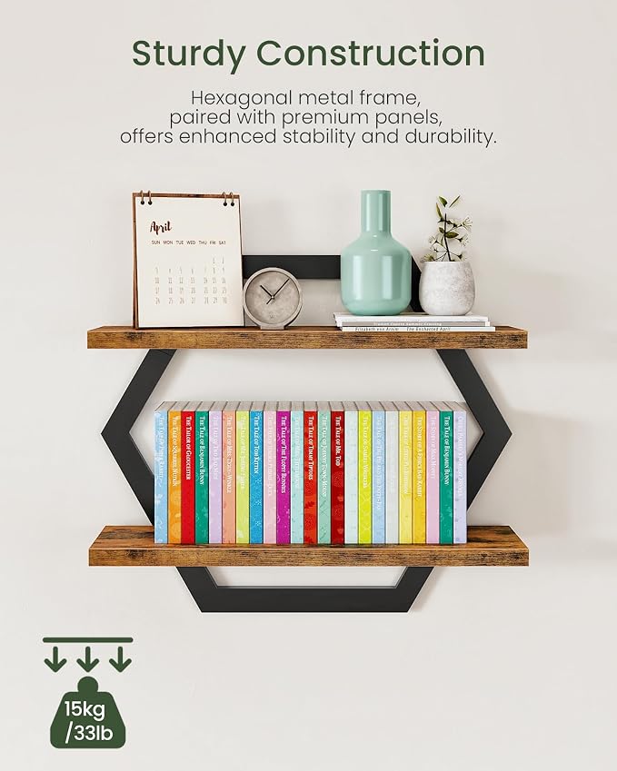 Hexagon Floating Shelves for Wall, Set of 2, 2 -Tier Hanging Shelves, Wall Mounted Storage Shelves, for Living Room, Bedroom, Kitchen, Home Office, Study, Rustic Brown and Black TBJ06P2BF