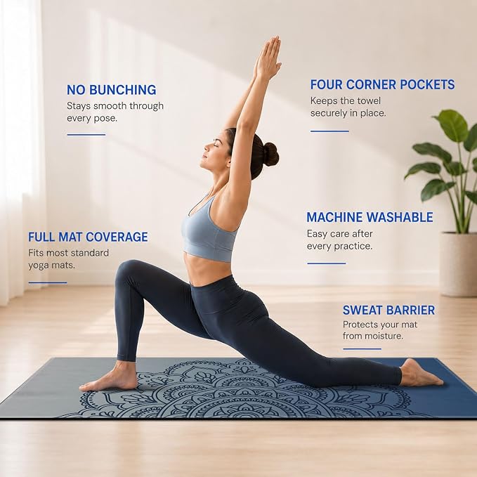 Yoga Mat Towel, Hot Yoga Non Slip with 4 Corner Pockets, 70 x 26 in | Soft Absorbent Microfiber With Four Corner Pockets, Fits Over Yoga Mats For Hot Yoga, Pilates, Gym, And Travel