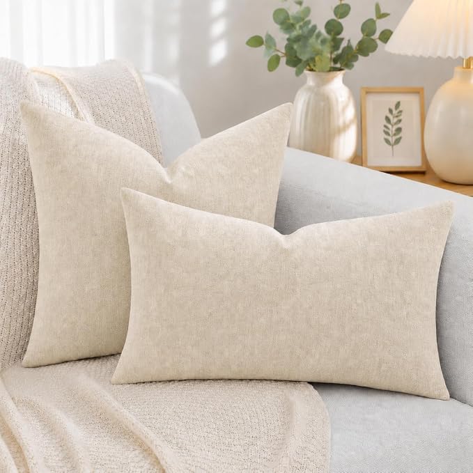 decorUhome Soft Chenille Beige Throw Pillow Covers 16X16 Set of 2 | Decorative Fall Couch Pillow Covers Solid Dyed Accent Modern Farmhouse Neutral Square Pillow Cases for Sofa