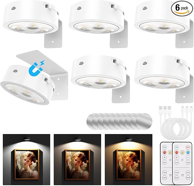 Tututry Picture Lights for Wall, Rechargeable Battery Operated Wireless Magnetic Painting Lights with Remote Dimmable and Timer, Wall Decor Lights with 3 Lighting Modes for Art Display (White, 6Pack)