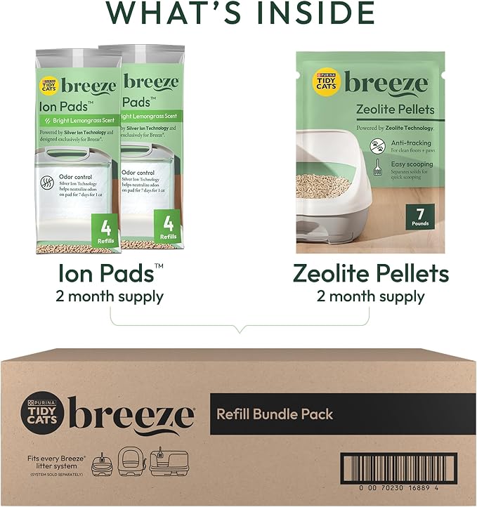 Purina Tidy Cats Breeze Litter System Refill Bundle - 7.91 lb Box | Includes odor absorbing dust-free pellets and absorbent pads for easy, mess-free maintenance