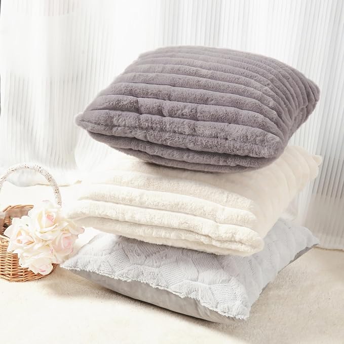 Decorative Throw Pillow with Inserts, Set of 2 Soft Faux Fur Throw Pillows, Square Boho Striped Pillow for Couch, Bed, Sofa Decor(Gray, 16" x 16")