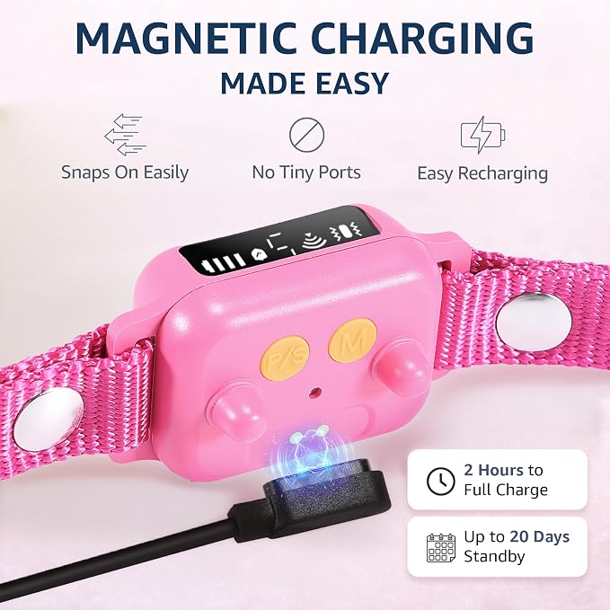 Bark Collar for Small Dogs 5-15 lbs with Magnetic Charging – No Shock, 3 Beep & Vibration Modes, 5 Sensitivity Levels - Humane Stop Anti-Barking Device - Dog Training Bark Collar (Candy Pink)