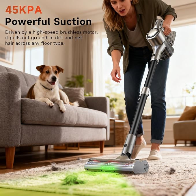 Cordless Stick Vacuum Cleaner - 45KPA Powerful Suction Vacuum with 45 Min Runtime, Detachable Battery, Anti-Tangle & 1.5L Dust Cup, 8 in 1 Vacuum Cleaner for Pet Hair, Carpet, HardFloor, Silver