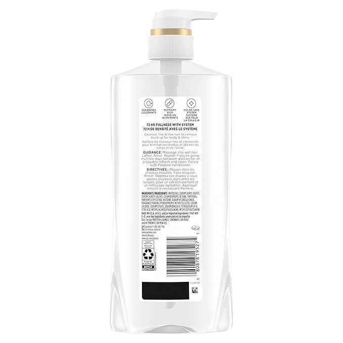 Pantene Shampoo, Sheer Volume - 72-Hour Fullness, Lightweight Nourishment with Pro-Vitamin B5 + Antioxidants, Fine, Thin, Color-Treated Hair, Paraben Free, Remove Build Up for Body & Shine, 27.7 Fl Oz