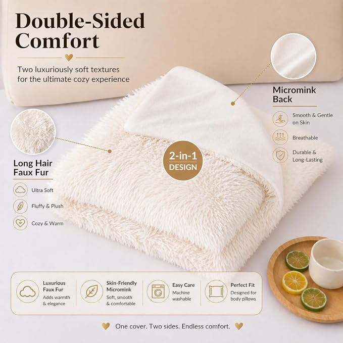 Reafort Luxury Long Hair, PV Fur, Faux Fur Body Pillow Cover/Case 21inx54in with Hidden Zipper Closure (Cream, 21inX 54in Pillow Cover) | Ultra-soft long hair faux fur with a hidden zipper offers luxurious comfort and is machine washable for easy care.