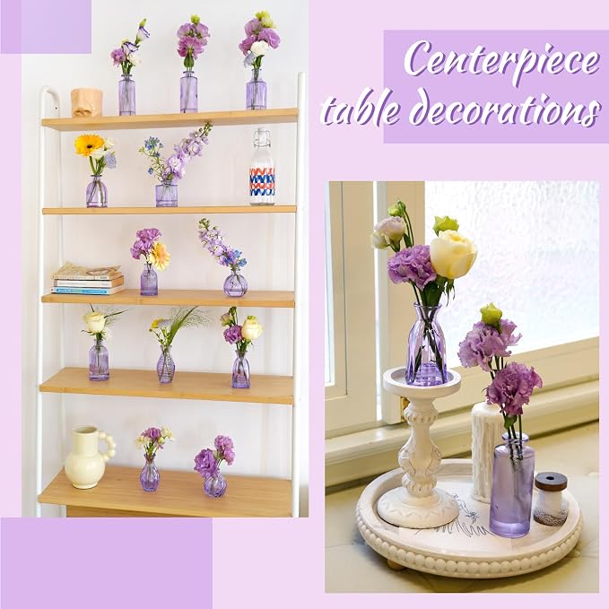 Glass Bud Vases 24 in Bulk, Small Purple Vase Glass Vases for Flowers Modern Ribbed Colored Bud Vase for Decor Wedding Flower Vase in Bulk Vintage Decor Bridal Shower Centerpieces Home Decoration