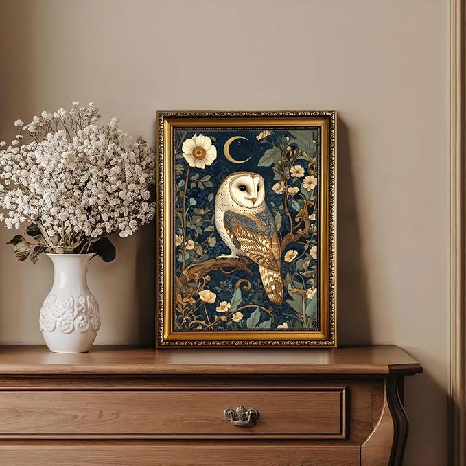 ZLPLLHA Barn Owl Gold Framed Wall Art William Morris Pictures Wall Decor | Dark Academia Animals Canvas Art Vintage Woodland Paintings Wall Decor Cottagecore Art Prints for Bedroom Living Room