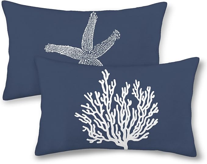 Blue Starfish Pillow Covers 12x20 Inch Set of 2, Nautical Ocean Coastal blue Coral Throw Pillows Spring Summer Decorations Linen Pillowcase Outdoor Decor Farmhouse Cushion Case for Home Holiday