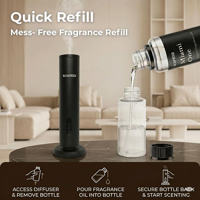 Scentia Wireless Waterless Hotel Scent Diffuser | Includes Premium USA-Made Oil Blend | App Controlled, Cordless | Home, Office, Spa, Aromatherapy | Covers 1500 Sq Ft | 72 Hrs in 1 Charging | Black