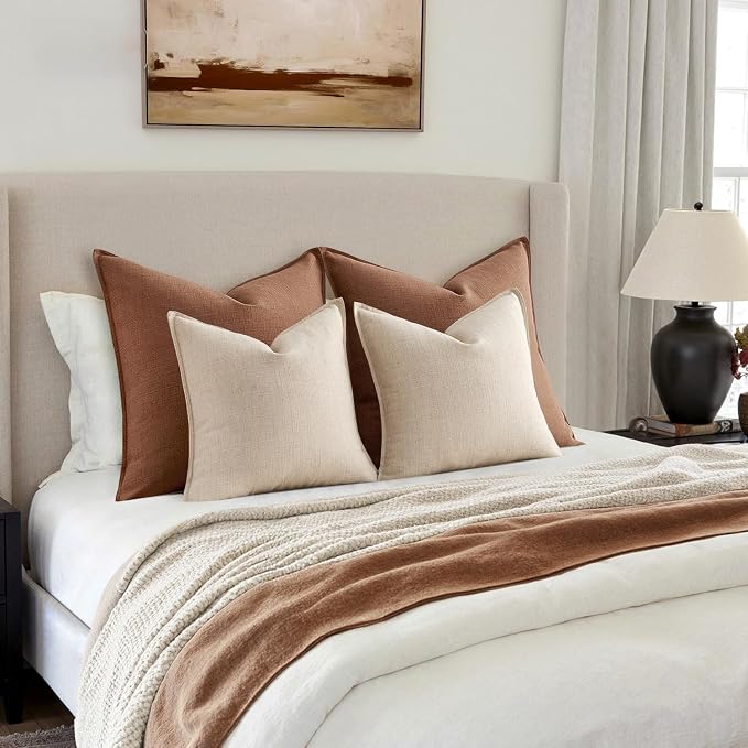 MIULEE Thick Textured Euro Sham Throw Pillow Covers 24x24 in Natural Linen | Set of 2, Decorative Linen Blend Pillow Cover, Flange Edge Design, Farmhouse Modern Boho Style, Bed Couch Living Room Decor