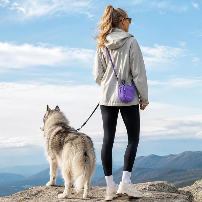 Dog Treat Pouch with Poop Bag Holder, Small Crossbody Bag for Puppy Training and Walking, Shoulder Strap Can Use as Dog Leash- Pet Travel Accessories, Metal Carabiner Attached (Purple) | 900D Oxford Fabric