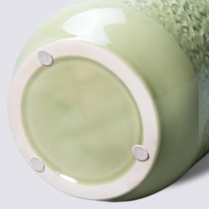 Green Ceramic Vase for Flowers, 9 Inch Decorative Vase for Pampas Grass, Modern Texture Vases for Home Decor, Table Shelf, Kitchen, Living Room Decor