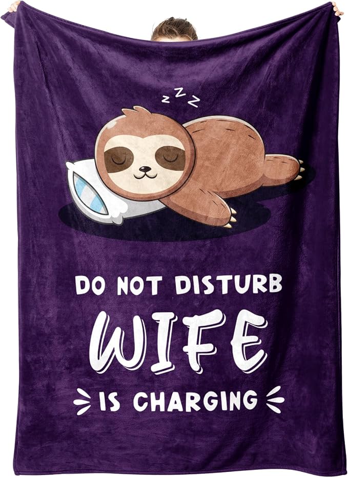 Leebbsin Funny Gifts for Wife, Anniversary Wedding Gifts for Wife | Wife is Charging Sloth Blanket 60" x 50", Purple, Christmas Mothers Day Birthday Gift for Wifey from Husband