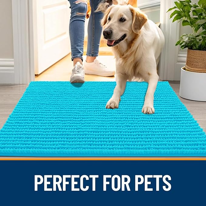 OLANLY Dog Door Mat for Muddy Paws 24x16, Extra Absorbent Chenille Mud Mat | Aqua Blue, Absorbs Moisture and Dirt, Non-Slip Machine Washable Doormat, Quick-Drying Indoor Entryway Floor Mat for Dogs