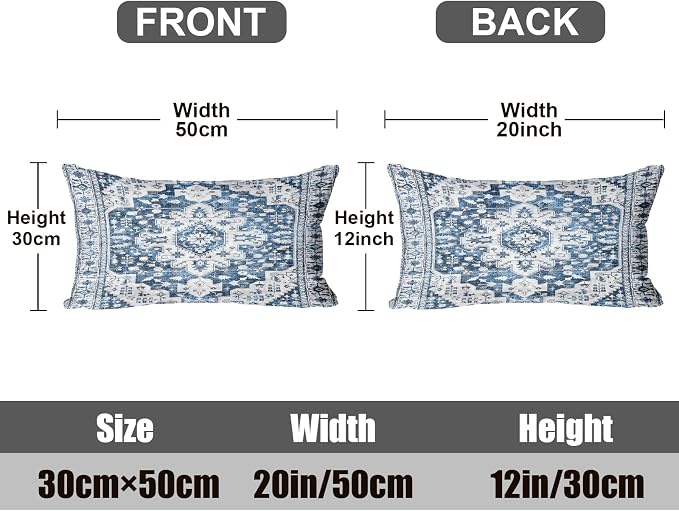 Boho Throw Pillow Covers 12x20 inch Set of 2,Soft Pillowcases Bohemia Carpet Printing Pattern Decorative Sofa Living Room Bed Rectangle Pillow Case Cushion Cover-Blue White