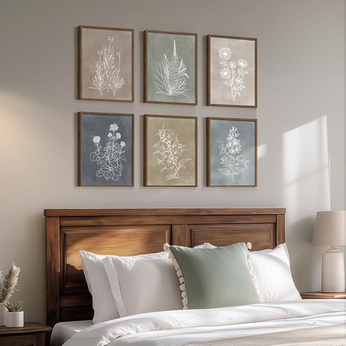 Framed Boho Botanical Wall Art for Living Room, 6 Piece Modern Farmhouse Neutral Floral Canvas Painting Prints, Minimalist Vintage Flower Plants Line Artwork for Bedroom Hallway Wall Decor, 11x14 In