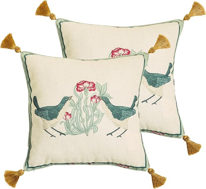 patdrea French Vintage Linen Throw Pillow Cover,18"x18",Set of 2-Cecilia E | Decorative Pillow Case with Zipper,Green Floral Pattern,Cushion Coverfor Couch Living Room Bedroom Sofa