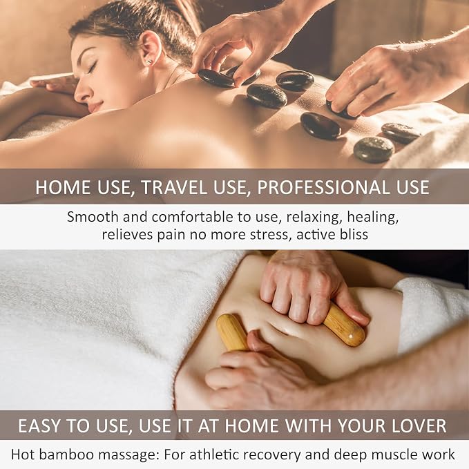 Massage Stones Set with Warmer Kit Hot Rocks Bamboo for Massage Hot Stones Massage Warmer Kit with Temperature Control and Carry Bag for Home Use (11 Stones and 3 Sticks) Suitable for Gifting