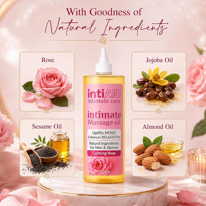 Intimate Massage Oil for Date Nights with Calming Rose Scent | Natural Jojoba, Almond Oil & Vitamin E | 7 Fl Oz