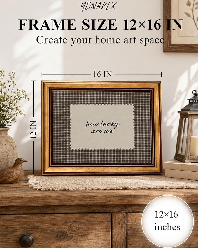 Gold Framed Wall Art, How Lucky Are We Canvas Prints, Rustic Brown Gingham Picture Wall Decor, Funky Preppy Stripe Quotes Artwork for Bedroom Dorm Apartment 12x16 inch