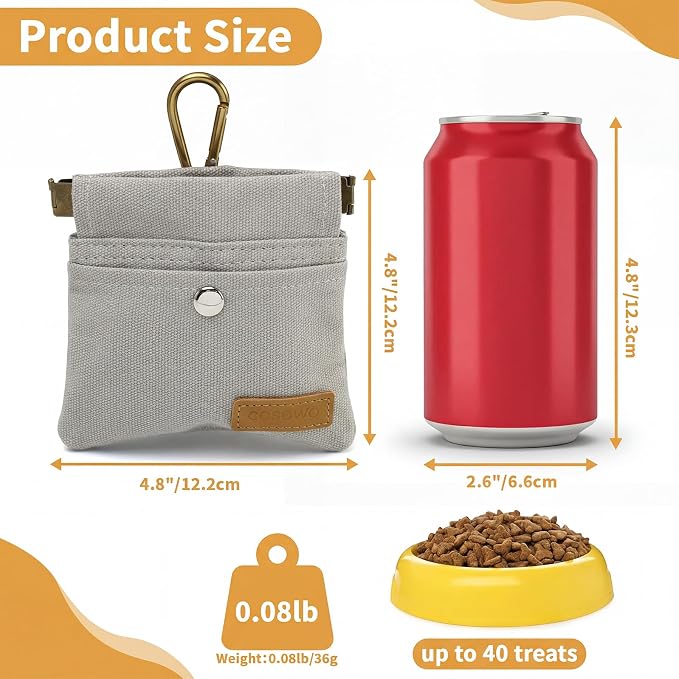Dog Treat Pouch for Pet Training, Carabiner & Magnetic Buckle, Grey