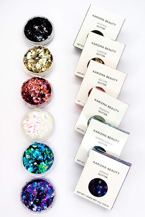 KARIZMA Kiss My Bass! 6X 10g Chunky Face Glitter, Hair, Eye and Body for Women and Men. Rave, Festival Accessories and Cosmetic Makeup. Loose Pots