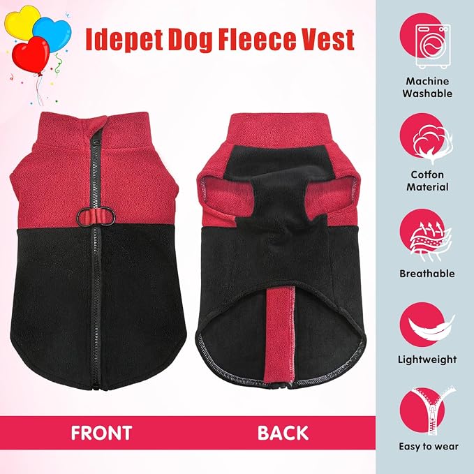 Idepet Dog Fleece Vest Sweater Zip Up Warm Pullover Dogs Jacket with D-Ring Leash Winter Cold Weater Coat Pet Sweatershirt Clothes Hoodie for Small Medium Dogs Boy Girl (Red/Black, M)