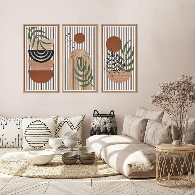 IARTTOP Large Boho Wood Wall Art Framed 16x32 Inch Mid Century Modern Wooden Wall Decor Abstract Bohemian Minimalist Art Decor for Bedroom Living Room Office Set of 3