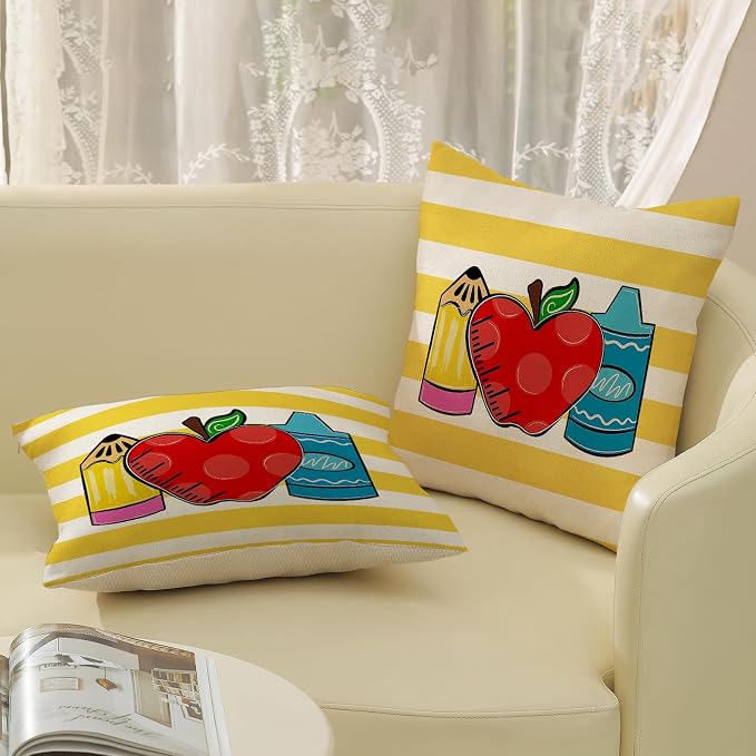 Classroom Pillow Covers 16x16 Inch Set of 2 Yellow Stripes Preppy Throw Pillows Kids Students Back to School Decor Pillowcase Linen Outdoor Decorations Farmhouse Cushion Case for Sofa Home