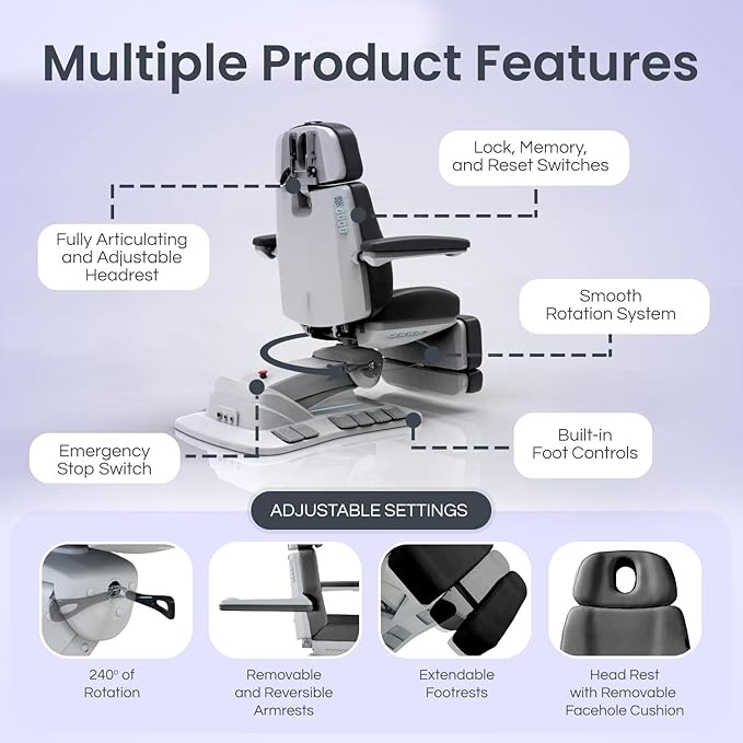 Massage Tools - Professional Spa and Facial Chair with 240° Rotation, LED Lighting, Memory Settings, and Adjustable Headrest - Premium Service Bed and Spa Chair for Salon and Facials - Black