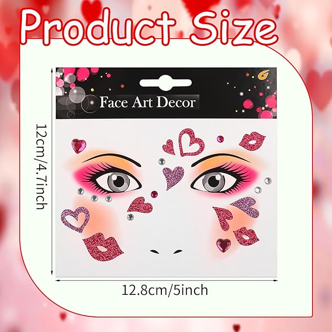 Valentine Face Gems Face Jewels Stickers Red Love Heart Lip Self Adhesive Eye Body Face Nail Hair Crystal Rhinestones for Makeup Festival Glitter Face Art Decor 2Sheets (style3)