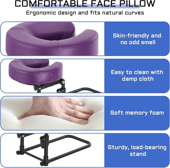 Massage headrest for Bed with Storage Bag Mattress Top Massage Kit | Adjustable Massage Face Cradle at Home for Massage SPA Foldable & Portable Face Down Pillow After Eye Surgery (Purple)