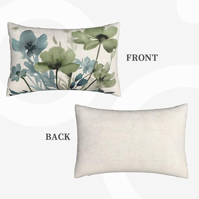 Floral Pillow Covers 12x20 Inches Set of 2 Sage Green Blue Floral Throw Pillow Covers Outdoor Spring Summer Flower Decoration Pillowcase Farmhouse Decorative Lumbar Cushion Cover For Home Sofa