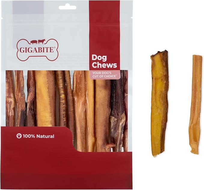 GigaBite Bully Sticks for Dogs All Natural Beef Pizzle Dog Chews, Odor & Rawhide Free Dog Treats, Long Lasting High Protein Chews Digestible Dental Dog Treat - Sticks (Regular 6"), 1 Pound