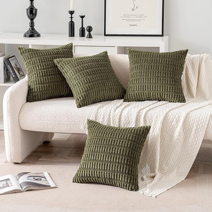 MIULEE Pack of 4 Corduroy Decorative Throw Pillow Covers 18x18 Olive Green | Neutral Rustic Farmhouse Boho Soft Striped Pillow Covers,Home Decor for Sofa,Living Room,Couch,Bed
