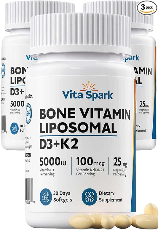 Vitamin D3 K2 - Liposomal Bone Vitamins Supplement, 5000IU D3, 100mcg K2 MK7 & Magnesium for Women and Men | Supports Bone, Teeth, Heart, Immune and Vascular Health*, 90 Days Mini Softgels