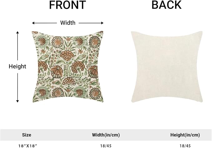 Block Print Pillow Covers 18x18 Inch Pack of 2 Boho Brown Green Floral Decor Throw Pillow Covers Spring Summer Flower Pillowcase Outdoor Farmhouse Decorative Cushion Cover for Couch Sofa