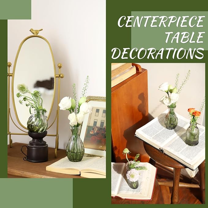 Green Bud Vases Set of 12, Small Green Glass Vase for Table Centerpieces | Ribbed Flower Vase Stripe Bud Vases in Bulk Wedding Birthday Bridal Shower Home Table Decoration